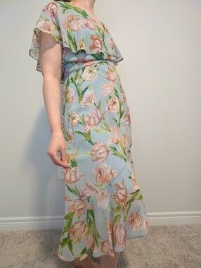 LAURA Size 4 Floral Midi Wrap Summer Dress w/ Belt & Flutter Sleeves Boho
